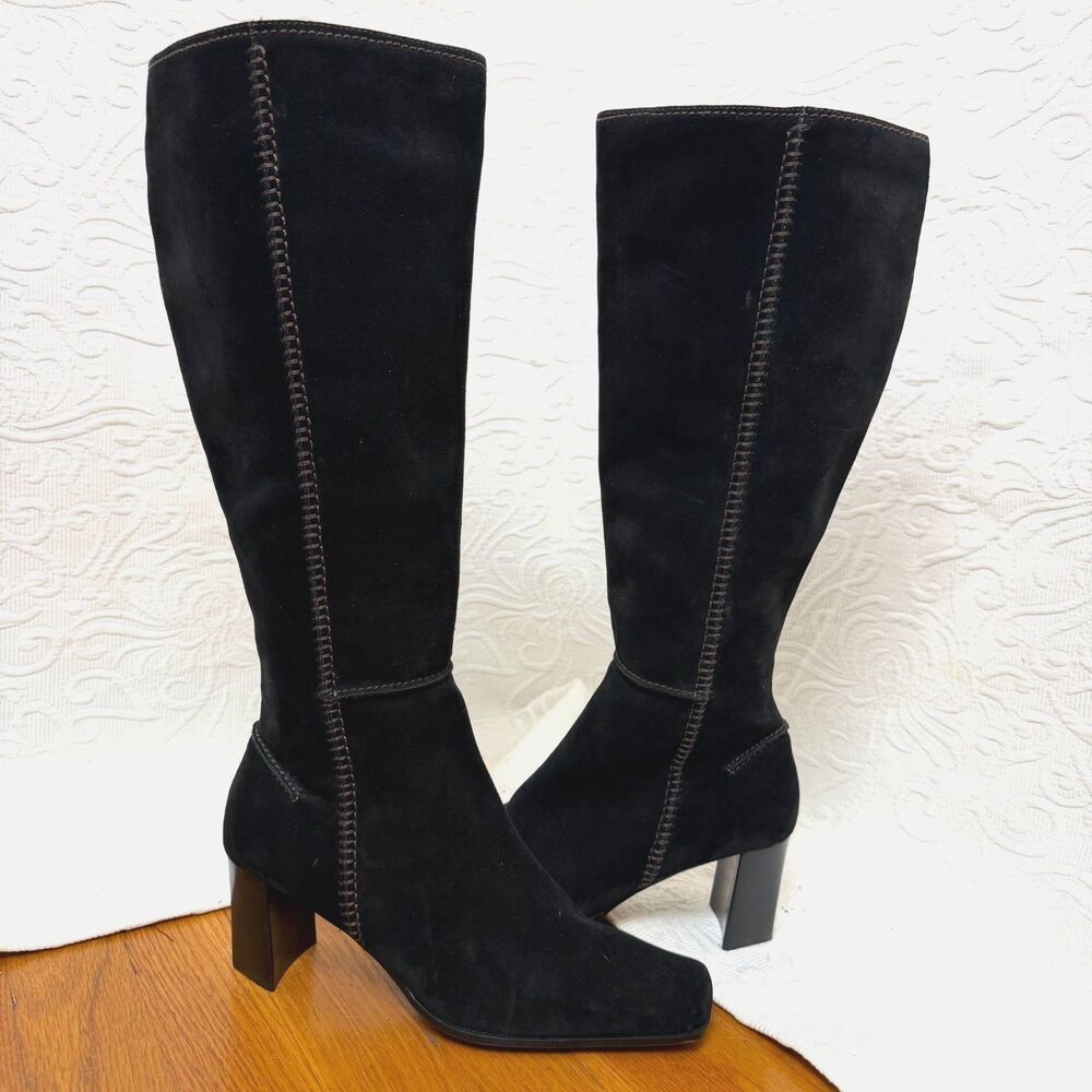 Vintage 90s Liz Claiborne Kampala Black Suede Knee High Boots Block Heel 8.5M